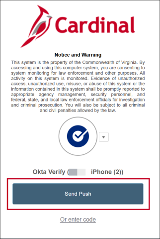 Screenshot of Cardinal login with Okta Verify displayed in the MFA widget. Send push button is called out with a red box.